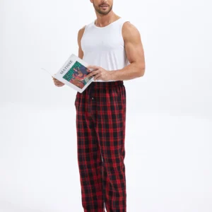 Men's 100% Cotton Plaid Pajama Sleeping Pants, Long Plaid Print Sleepwear Pajama Pants with Elastic Waist Homewear