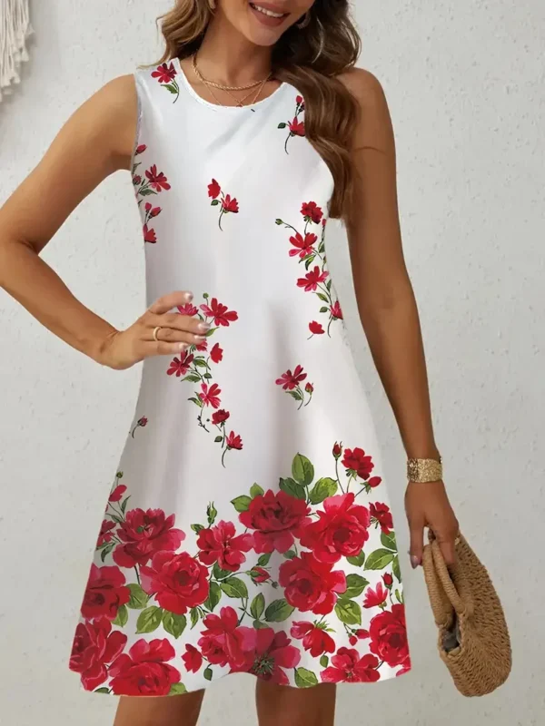 Simple And Fresh Floral Pattern Printed Round Neck Sleeveless Dress Elegant Short Sleeve Waist Summer Slim Dress For Women - Image 4
