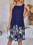 Simple And Fresh Floral Pattern Printed Round Neck Sleeveless Dress Elegant Short Sleeve Waist Summer Slim Dress For Women