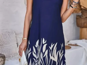 Simple And Fresh Floral Pattern Printed Round Neck Sleeveless Dress Elegant Short Sleeve Waist Summer Slim Dress For Women