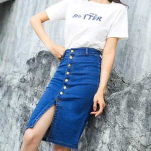 2021 buttons bodycon summer elastic denim light blue midi pencil skirts for women high waist slit blue jean skirts womens C524 - Image 6