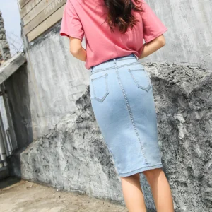 2021 buttons bodycon summer elastic denim light blue midi pencil skirts for women high waist slit blue jean skirts womens C524 - Image 4