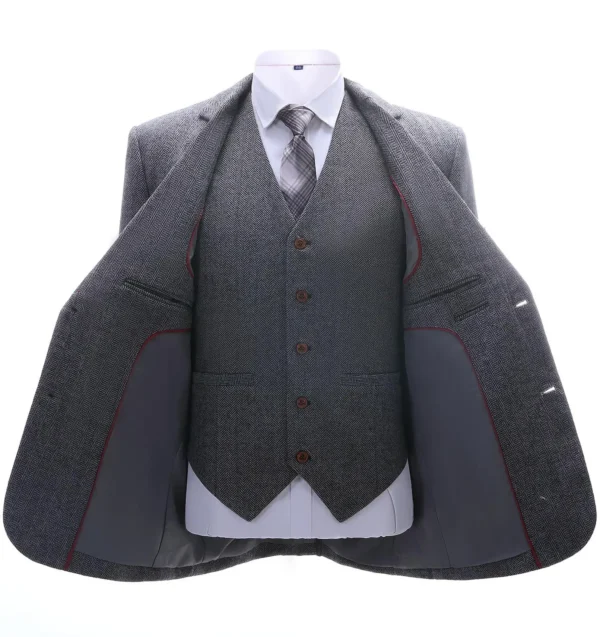 Brown Men's Vintage Suits 3 Pieces Latest Coat Designs Herringbone Tweed Tuxedo Winter Formal Wedding Suits (Blazer+Vest+Pants) - Image 3