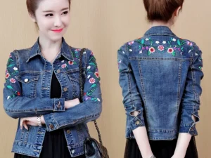 Embroidered Flower Denim Jacket 5XL Women's Short Coat 2025 Spring Autumn Vintage Slim Jeans Jacket Outwear Casual Female Tops