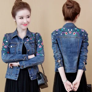 Embroidered Flower Denim Jacket 5XL Women's Short Coat 2025 Spring Autumn Vintage Slim Jeans Jacket Outwear Casual Female Tops