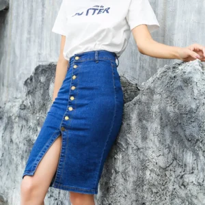 2021 buttons bodycon summer elastic denim light blue midi pencil skirts for women high waist slit blue jean skirts womens C524 - Image 5