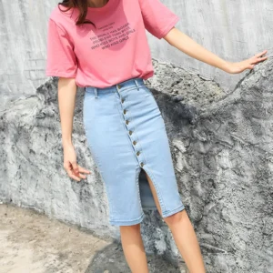 2021 buttons bodycon summer elastic denim light blue midi pencil skirts for women high waist slit blue jean skirts womens C524 - Image 3