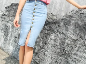 2021 buttons bodycon summer elastic denim light blue midi pencil skirts for women high waist slit blue jean skirts womens C524
