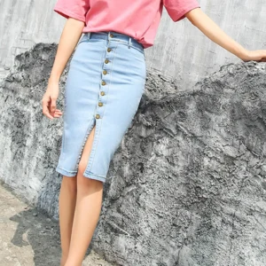 2021 buttons bodycon summer elastic denim light blue midi pencil skirts for women high waist slit blue jean skirts womens C524