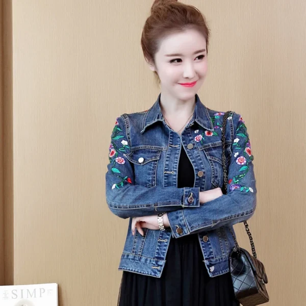Embroidered Flower Denim Jacket 5XL Women's Short Coat 2025 Spring Autumn Vintage Slim Jeans Jacket Outwear Casual Female Tops - Image 3