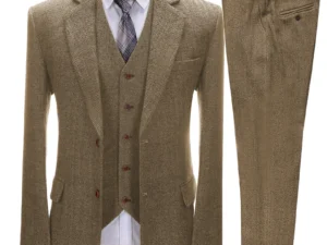 Brown Men's Vintage Suits 3 Pieces Latest Coat Designs Herringbone Tweed Tuxedo Winter Formal Wedding Suits (Blazer+Vest+Pants)