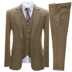 Brown Men's Vintage Suits 3 Pieces Latest Coat Designs Herringbone Tweed Tuxedo Winter Formal Wedding Suits (Blazer+Vest+Pants)