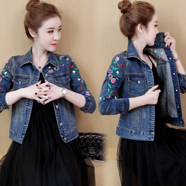 Embroidered Flower Denim Jacket 5XL Women's Short Coat 2025 Spring Autumn Vintage Slim Jeans Jacket Outwear Casual Female Tops - Image 5