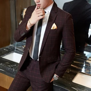 2024 New Men's Casual One-button (suit + Trousers) Business Casual No-ironing Plaid Suit Men's Best Man Suit Two-piece Set M-5XL - Image 3