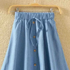 Women Single-Breasted High-Waist Mid-Length Skirt Solid Color Denim Skirt - Image 3