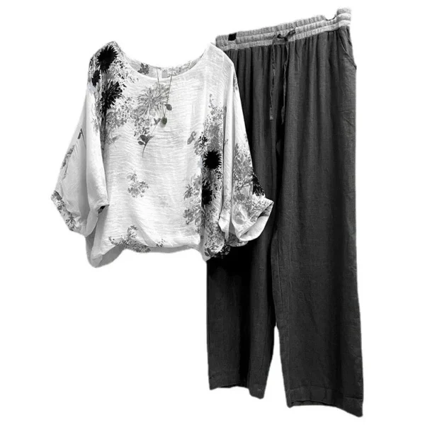 Two Piece Set Women Outifit Fashion Floral Print Long Sleeve O Neck Blouse + Wide Leg Pants Sets Lady Spring Loose Trousers Suit - Image 5