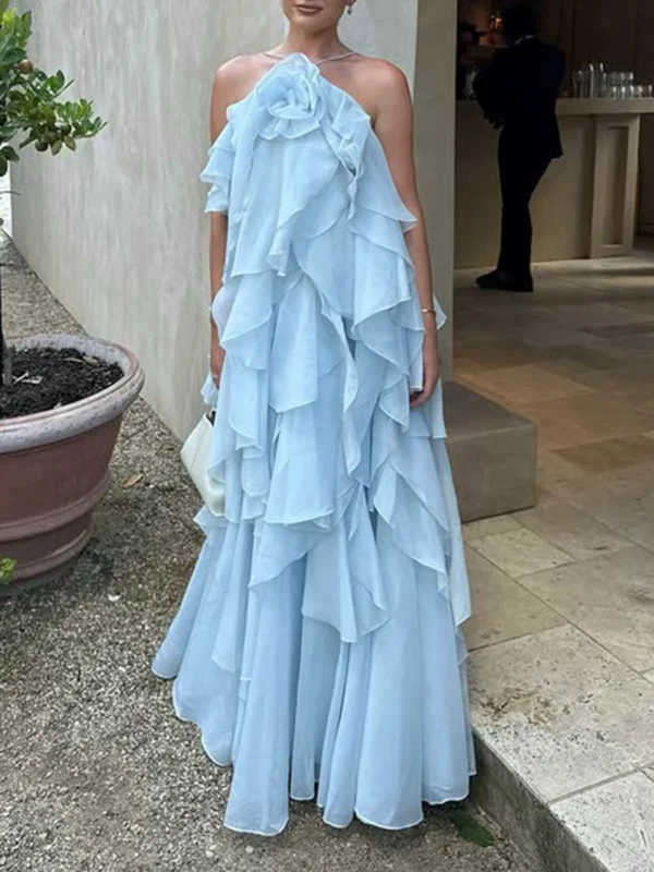 TWOTWINSTYLE Solid Spliced Ruffles Elegant Dresses For Women Halter Sleeveless High Wasit Backless Loose Dress Female Fashion - Image 3