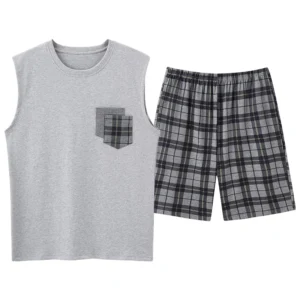Fashion Summer Letter Print Pajamas Sets for Men Plaid Pants Knit Cotton Male Sleepwear Big Yards 4XL Home Wear Lounge Nightwear - Image 3