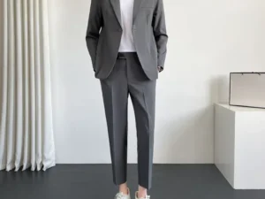 2 Piece Outfit Set Man Grey Blazer Casual Full Suit for Men Korean Spring Autumn Clothing Trends Costumes Luxury Pants Ceremony