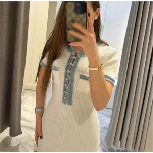 Elegant Contrasting Women Knit Maxi Dress Chic O-neck Short Sleeve Metal Buttons Bodycon Dresses Office Lady Commuting Robe - Image 4