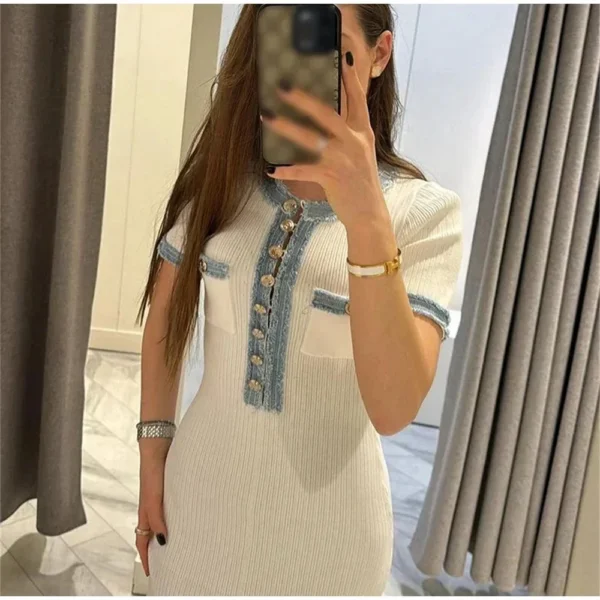 Elegant Contrasting Women Knit Maxi Dress Chic O-neck Short Sleeve Metal Buttons Bodycon Dresses Office Lady Commuting Robe - Image 4