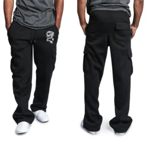 Men Fashion Pants dragon print Solid Color Pockets Baggy Pants Casual Loose Trousers High Waist Drawstring Cargo Pants - Image 3
