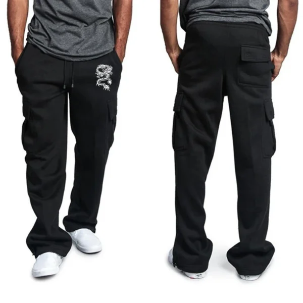 Men Fashion Pants dragon print Solid Color Pockets Baggy Pants Casual Loose Trousers High Waist Drawstring Cargo Pants - Image 3