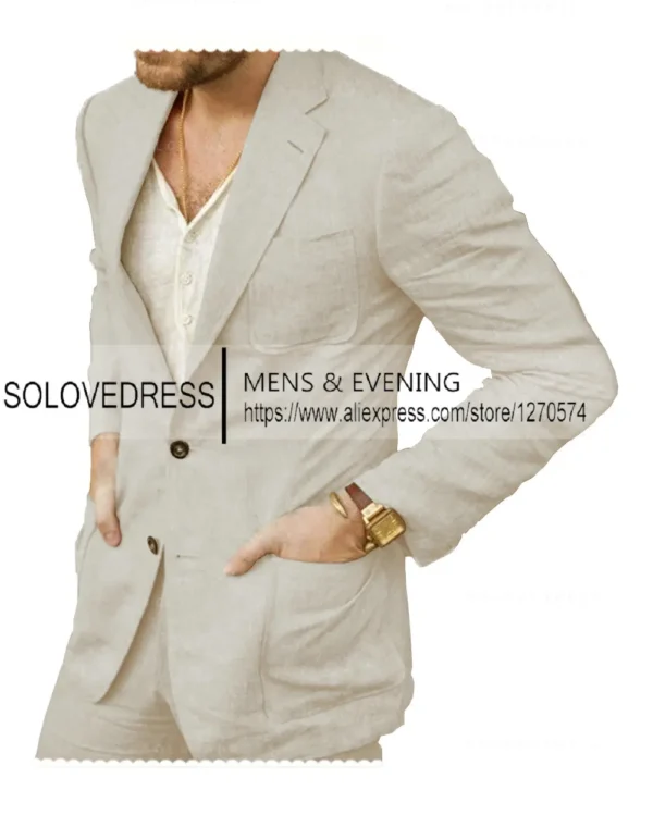 Summer Linen Suit Men Casual Party Classic Blazer Pants 2 Pieces Holiday Travel Tailor-made Breathable Cool Male Outfits - Image 3