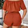 New Plus Size Women's Clothing New Casual One-shoulder Decorative Buckle Solid Colour Loose Short Sleeve Two-piece Set - Image 4