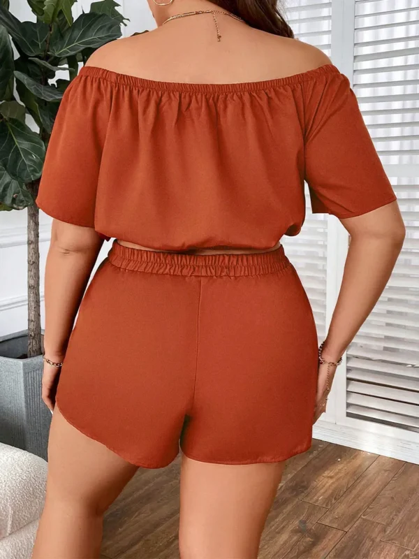 New Plus Size Women's Clothing New Casual One-shoulder Decorative Buckle Solid Colour Loose Short Sleeve Two-piece Set - Image 4