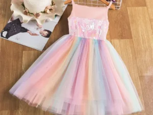 Baby Girls Unicorn Rainbow Brithday Sequin Tutu Dress Little Girls Princess Party Clothes Children Summer Casual Suspender Dress