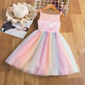 Baby Girls Unicorn Rainbow Brithday Sequin Tutu Dress Little Girls Princess Party Clothes Children Summer Casual Suspender Dress