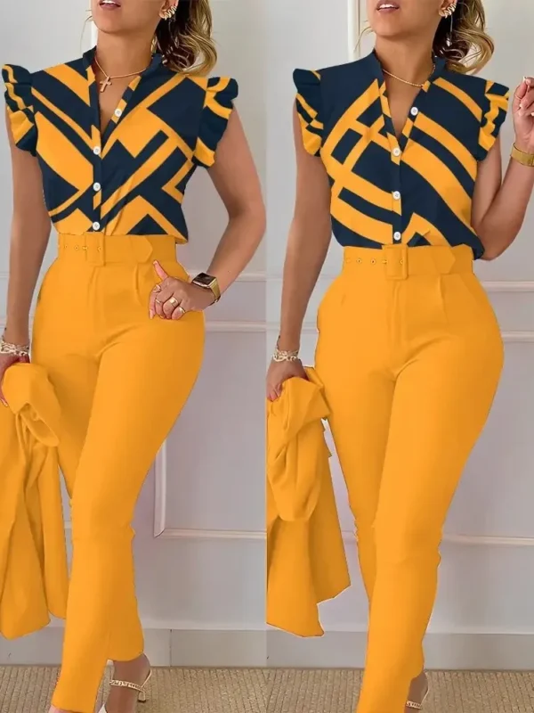 Womens Elegant Slim Two-Piece Sets Summer Fashion Print V Neck Button Flying Sleeve Shirt Top & Solid Long Pants Suits With Belt - Image 7