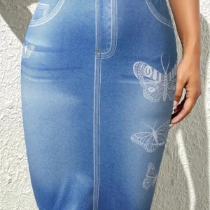 Summer Casual Fake Denim Print with Butterfly Women Skirts for Work MY722