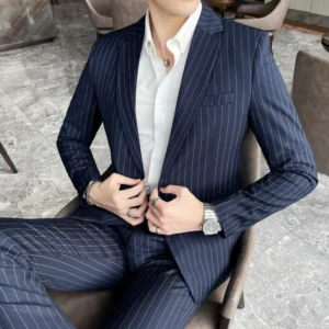 Men's Fashion High-Quality Slim Fit Two-Piece Suit Set Spring Autumn Stripes Business Casual Trousers And Jacket Combo - Image 3