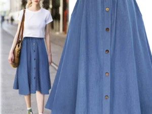 Women's Denim Jean Skirt High Waist Button Pleated Midi Skirt With Elastic Waist Knee Length Summer Dress