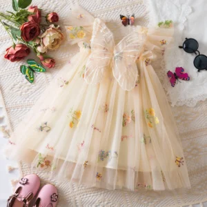 Summer Girls' Princess Party Birthday Dress Sweet Baby Girls Dress Back Bow Wings Fairy Strap Embroidered Butterfly Mesh Dress - Image 6