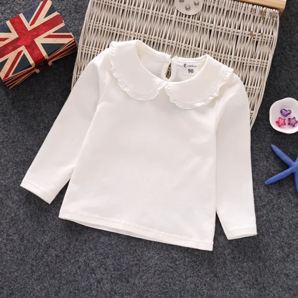 Fall Spring Little Girls Shirts Cotton Lace White Long Sleeve Child T-shirt Girls Kids Baby Toddler Tops and Blouses - Image 3