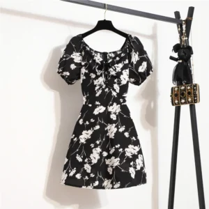 Women Mini Dresses Summer Fashion Female Vestidos Print Floral Chiffon Dresses Shirring Pleated Short Puffy Sleeve Casual Dress - Image 4