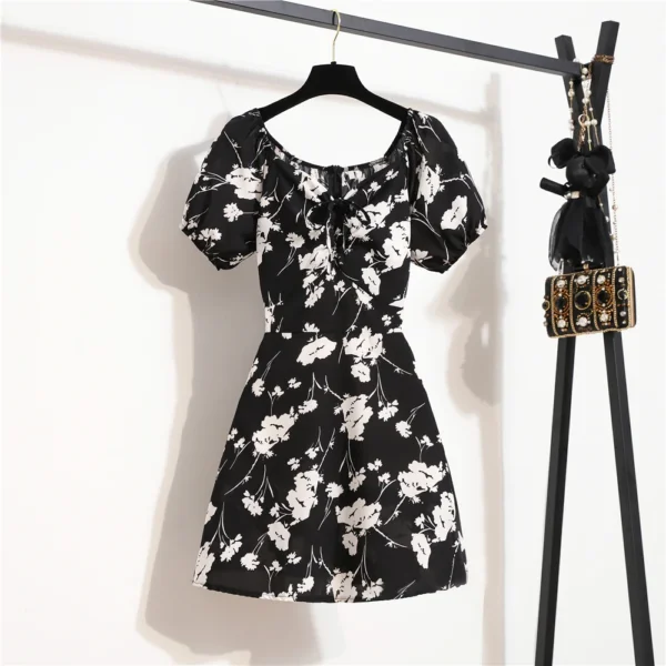 Women Mini Dresses Summer Fashion Female Vestidos Print Floral Chiffon Dresses Shirring Pleated Short Puffy Sleeve Casual Dress - Image 4