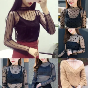 Women Fashion T-Shirts Tulle Mesh Versatile Long Sleeve Ladies Printed Tops Casual Thin Base Blouses Lace Sheer Blouses - Image 3