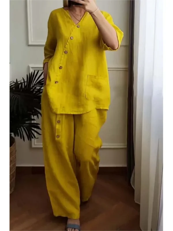 Casual 2PCS Fashion Women Suit 2024 Spring Summer 3/4 Sleeve Pocket Button Blouse Loose Pant Sets Work Solid Two Piece Sets - Image 7