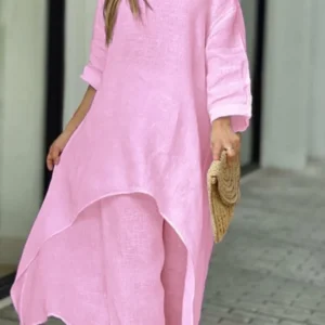 Women 2 Piece Set Spring Summer New Fashion Full Sleeve Long Blouse And Wide Leg Pants Suit Casual Solid Color Lady Sets