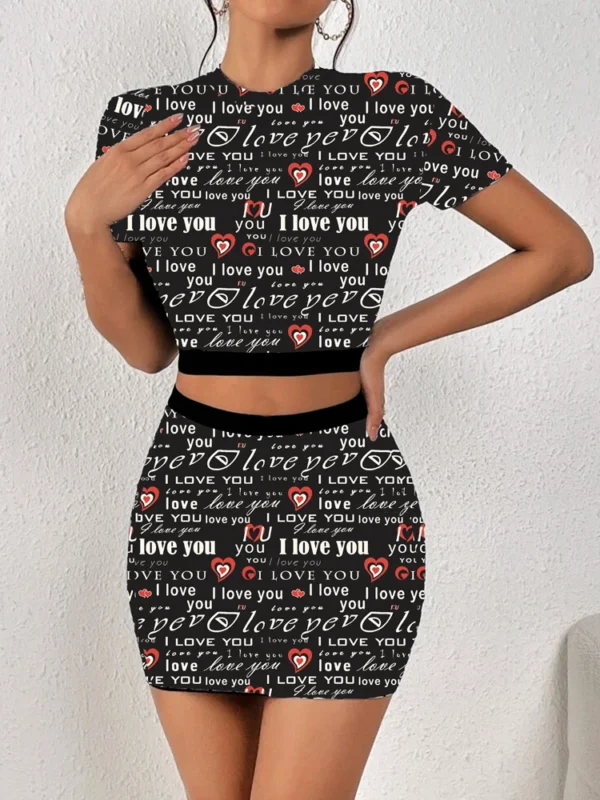 All-over printed elastic waist skirt and T-shirt two-piece set - Image 7