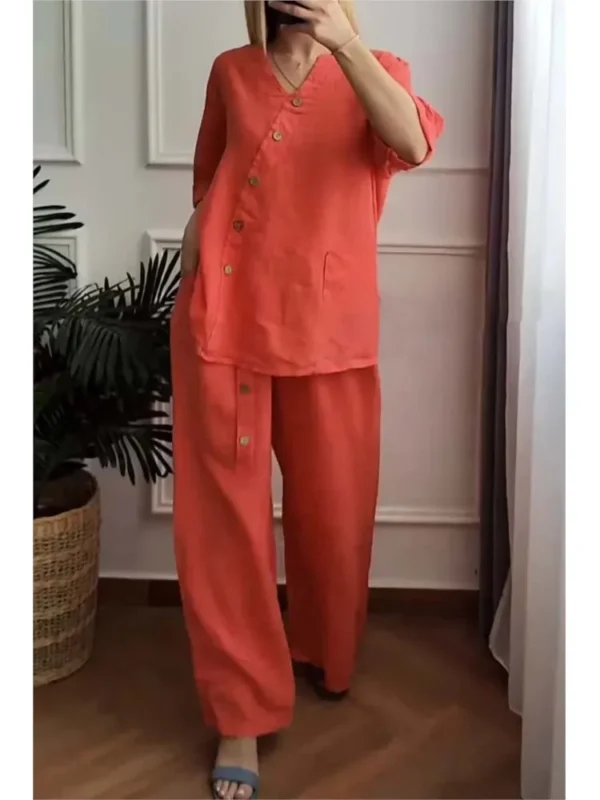 Casual 2PCS Fashion Women Suit 2024 Spring Summer 3/4 Sleeve Pocket Button Blouse Loose Pant Sets Work Solid Two Piece Sets - Image 5