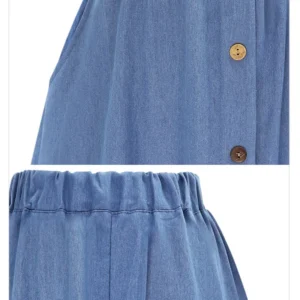 Women's Denim Jean Skirt High Waist Button Pleated Midi Skirt With Elastic Waist Knee Length Summer Dress - Image 6