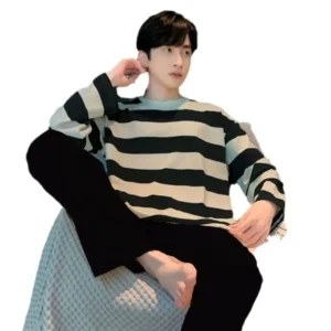 Striped Plus Size Men Pajamas Summer Long Sleeve Casual Sports Loose Black Round Neck T-Shirt and Long Pants Two-Piece Set - Image 7