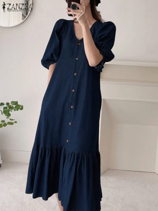 ZANZEA Women Denim Blue Robes Longue Oversized Fashion Summer Puff Sleeve Maxi Vestidos Retro Dress Casual Solid Baggy Sundress - Image 6