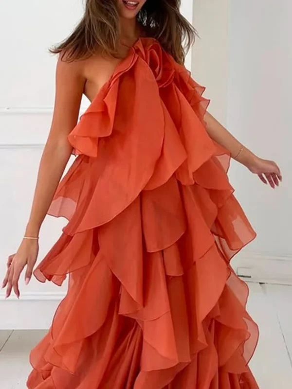 TWOTWINSTYLE Solid Spliced Ruffles Elegant Dresses For Women Halter Sleeveless High Wasit Backless Loose Dress Female Fashion - Image 7