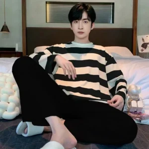 Striped Plus Size Men Pajamas Summer Long Sleeve Casual Sports Loose Black Round Neck T-Shirt and Long Pants Two-Piece Set - Image 5